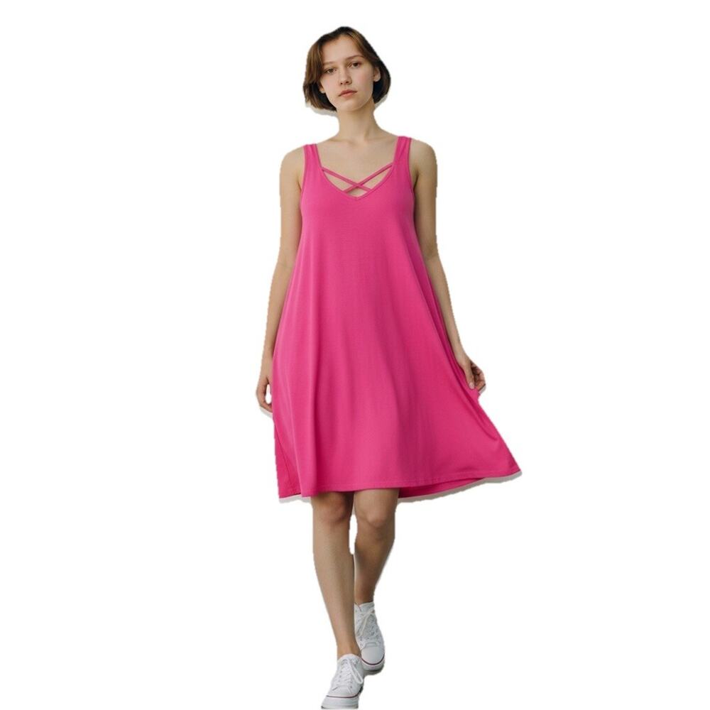 Mittoshop PINK Swing Tunic,Bamboo Knit, Scoop,Cross Over, Tank Dress Size SMALL